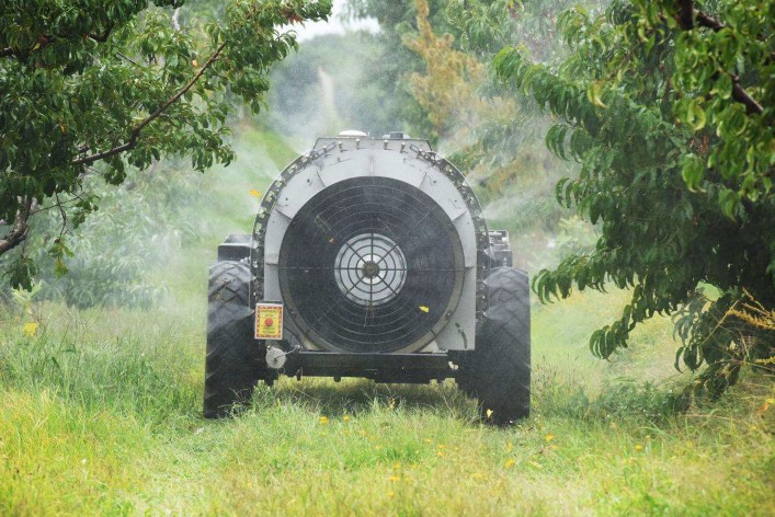 A remotely operated unmanned vehicle sprays orchard trees